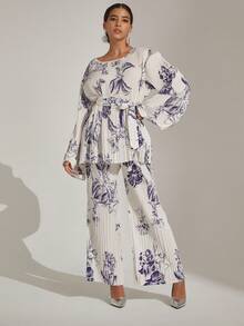 Floral Print Top & Pants Matching Sets Women Pleated 2 Pieces Set - Blue - View 6