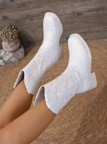 Botas vaqueras occidentales bordadas de punta cuadrada blancas de moda para mujer - Blanco - Ver 5