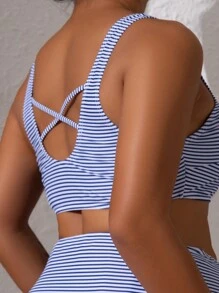 SHEIN Maternity Striped High Waisted Bikini Set Summer Beach - Blue and White - View 3