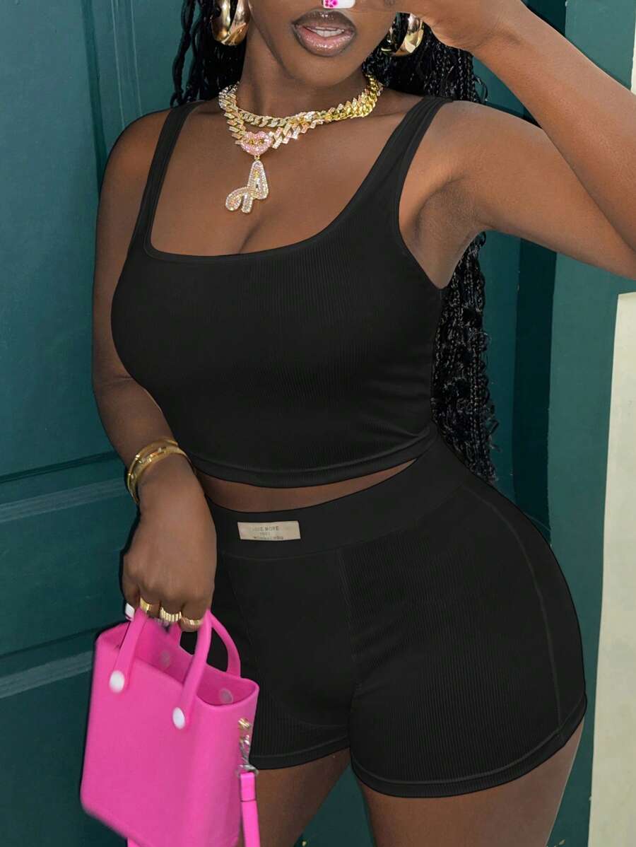 Slaydiva Bộ đồ hai mảnh cơ bản thường ngày dành cho nữ: Áo tank top gân và quần short ôm sát, thích hợp mặc ở nhà và hàng ngày - Z - màu đen - Xem 1