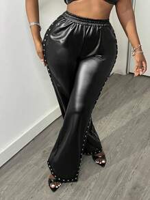 Slaydiva 女士黑色松紧腰阔腿宽松时尚铆钉皮裤