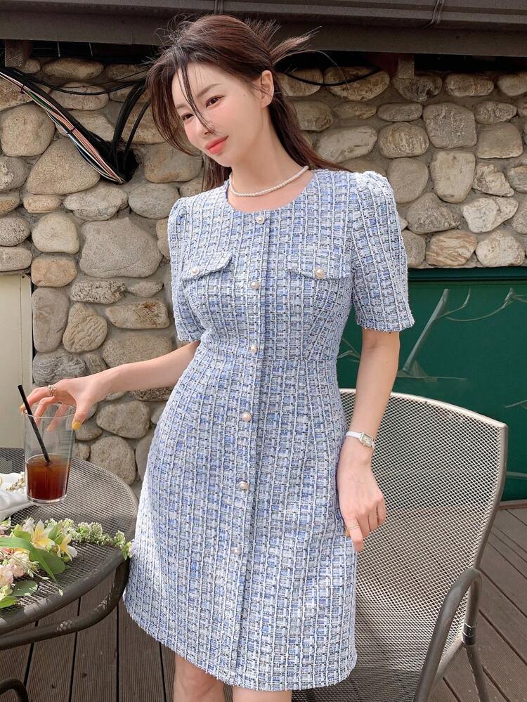 Women's Elegant Plaid Round Neck Bodycon Puff Sleeve Dress, Summer