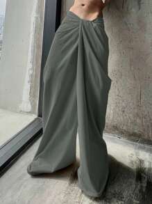 Muchica Quần ống rộng có nút thắt bất đối xứng màu trơn, dài - Xám - Xem 3