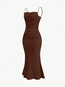 Sweetra Solid Ruched Mermaid Hem Cami Long Dress For Summer Maxi Women Outfit - Chocolate Brown - View 3