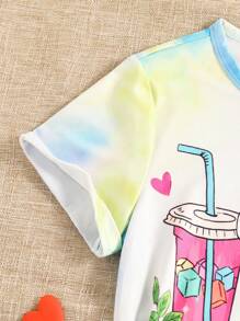 SHEIN Tween Girl Tie-Dye Trà Sữa Họa Tiết Áo Phông Mùa Hè Dễ Thương - Màu xanh lam - Xem 3