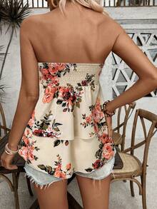 Breezaya Blumen bedrucktes Urlaub lässiges trägerloses Top - Aprikosenfarben - Übersicht 2