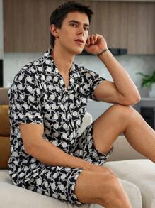 Men Allover Print Top & Shorts PJ Set / Pajama Set - Black and White - View 5