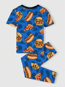 SHEIN 有趣的食物印花，年轻男孩休闲卡通汉堡食物图案短袖 T 恤和长裤紧身睡衣，适合春夏季 - 彩色 - 查看 2