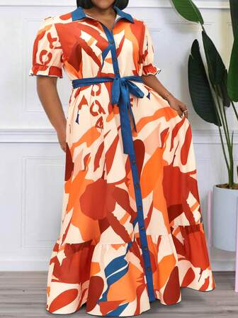 Plus Size Women's Random Printed Simple Daily Short Sleeve Dress