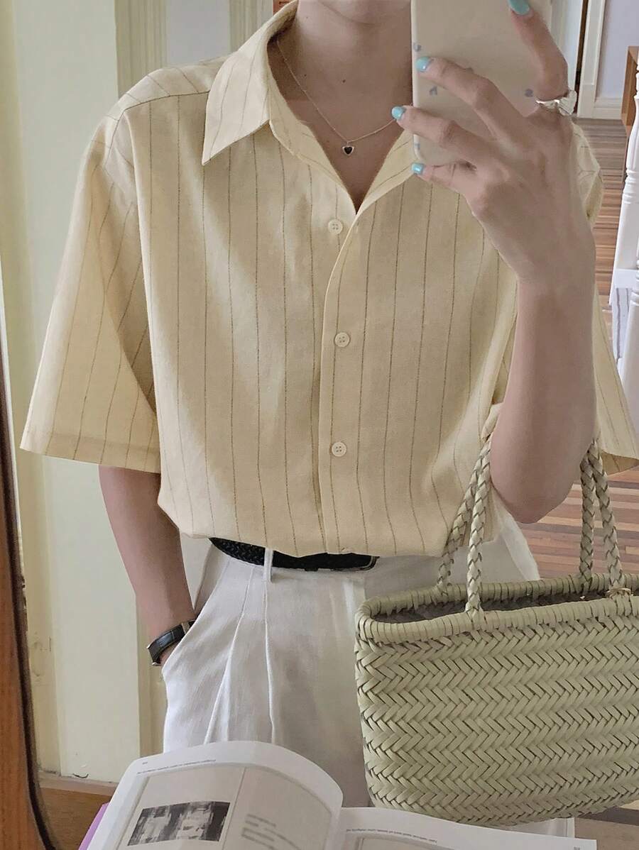 DAZY Vertical Striped Button Front Shirt Fall - Khaki - View 1