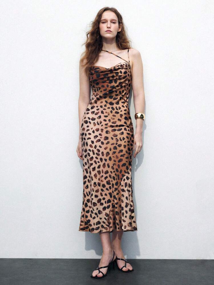 SHEIN Maija Robe ajustée à queue de poisson avec bretelles reconstruites, col drapé, imprimé léopard dégradé élégant rétro, pour la rentrée scolaire, anniversaire