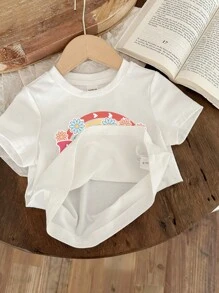 Young Girl Big Sister Little Sister, Big Sister Little Sister Gift, Big Sister Shirt, Sibling Matching, Rainbow Printed Best Friends Short Sleeve T-Shirt For Summer, (2 Pieces Sold Separately) - White - View 4