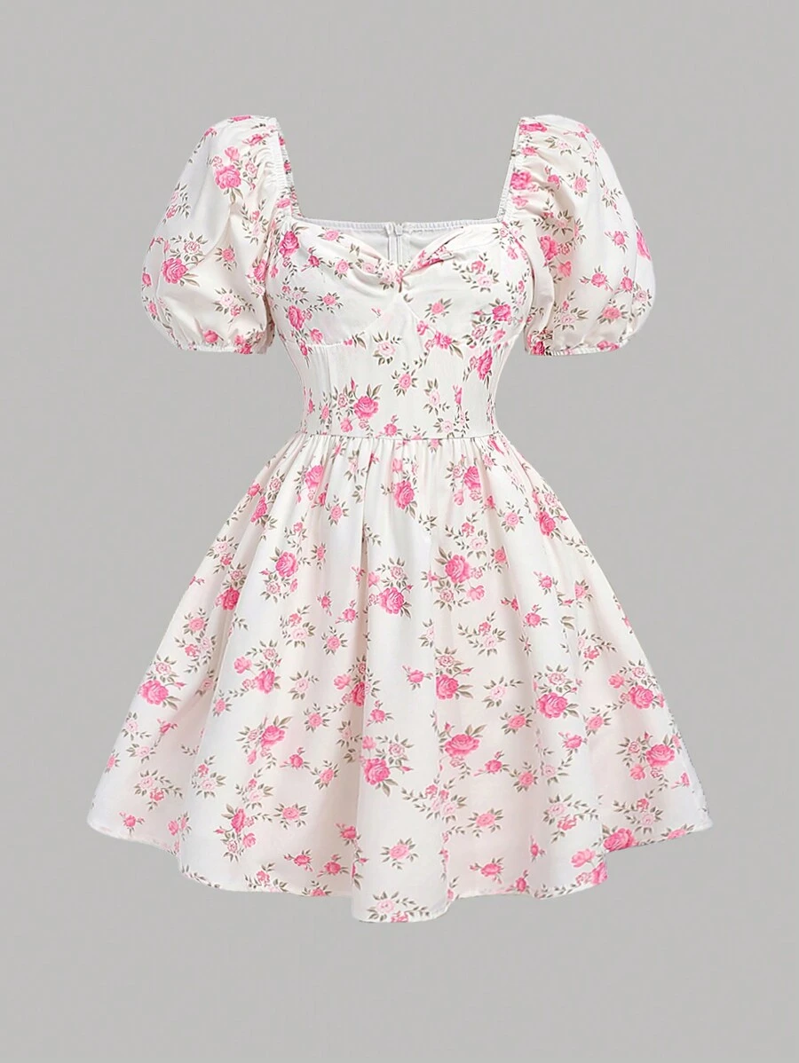 SHEIN Vestido elegante para adolescente con manga abullonada blanca y estampado floral rosado con cintura ajustada - Blanco - Ver 1