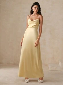Anewsta Vestido largo de tirantes con detalles de perlas amarillas para mujeres - Amarillo - Ver 3