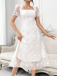 Modelyn Elegant Women's Summer Solid Color Embroidered Cinched Waist Dress - Apricot - View 4