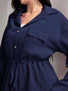 Graceveil Flap Pocket Drawstring Waist Shirt & Wide Leg Pants For Spring & Summer Modest - Navy Blue - View 3