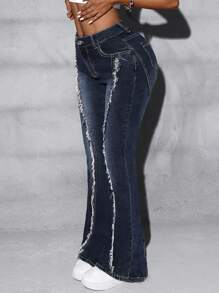 SHEIN ICON Frayed Patchwork Washed Denim Jeans - Dark Wash - View 3