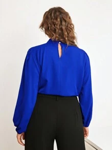SHEIN Privé 大尺碼女士打褶設計通勤風格長袖襯衫 - 寶藍色 - 查看 3