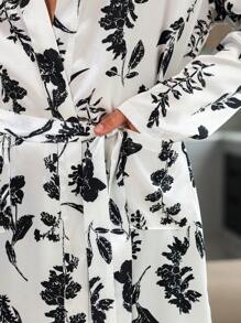 Men Floral Print Belted Sleep Robe - Black and White - View 10