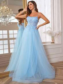 Spaghetti Strap Lace Prom Dresses With Butterfly Embroidered Long A Line Sparkly Applique Homecoming Dresses For Teens Mesh Formal Evening Dresses With Boned Party Ball Gown For Women Lace Up Back Wedding Guest Dress, For Graduation, Dinner - Màu xanh bạc hà - Xem 6