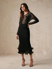 SHEIN X Phaith Montoya Anewsta Elegant Ruffle Hem Textured Bodycon Skirt - Black - View 5