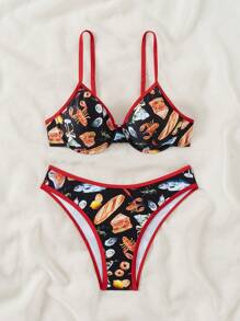 SHEIN Swim Summer Beach Food Print Contrast Binding Push Up Bikini - Red - View 4