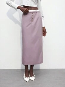 Maija 女士秋季返校装 - 撞色腰带拼接前开襟金属纽扣直筒裙