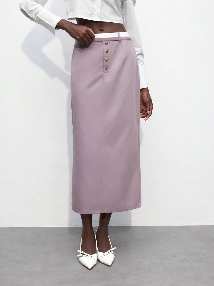 SHEIN Maija 여성 가을 개학 대비 배색 허리 밴딩 스플라이싱 앞 여밈 메탈 버튼 스트레이트 스커트