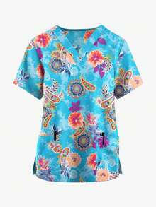 Women's Flower Printed Nurse Uniform Scrub Top - Multicolor - View 3