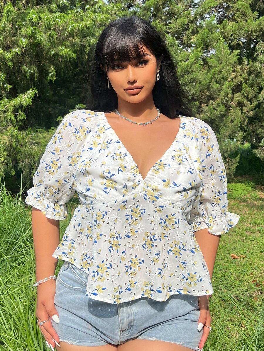 SHEIN Unity Plus Size Embroidery Burnout V-Neck Short Sleeve Women's Summer Shirt - White - View 1