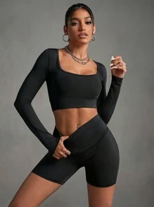 SHEIN Sport Gameset T-shirt court et short cycliste unicolore pour l'été