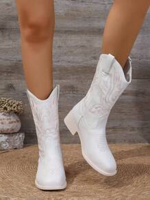 Botas vaqueras occidentales bordadas de punta cuadrada blancas de moda para mujer - Blanco - Ver 3