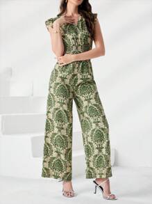 Seusyu 满版植物印花荷叶边上衣和阔腿裤两件套