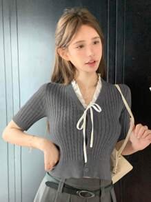 DAZY Contrast Lace Tie Front Cable Knit Top,Fall Clothes - Grey - View 4