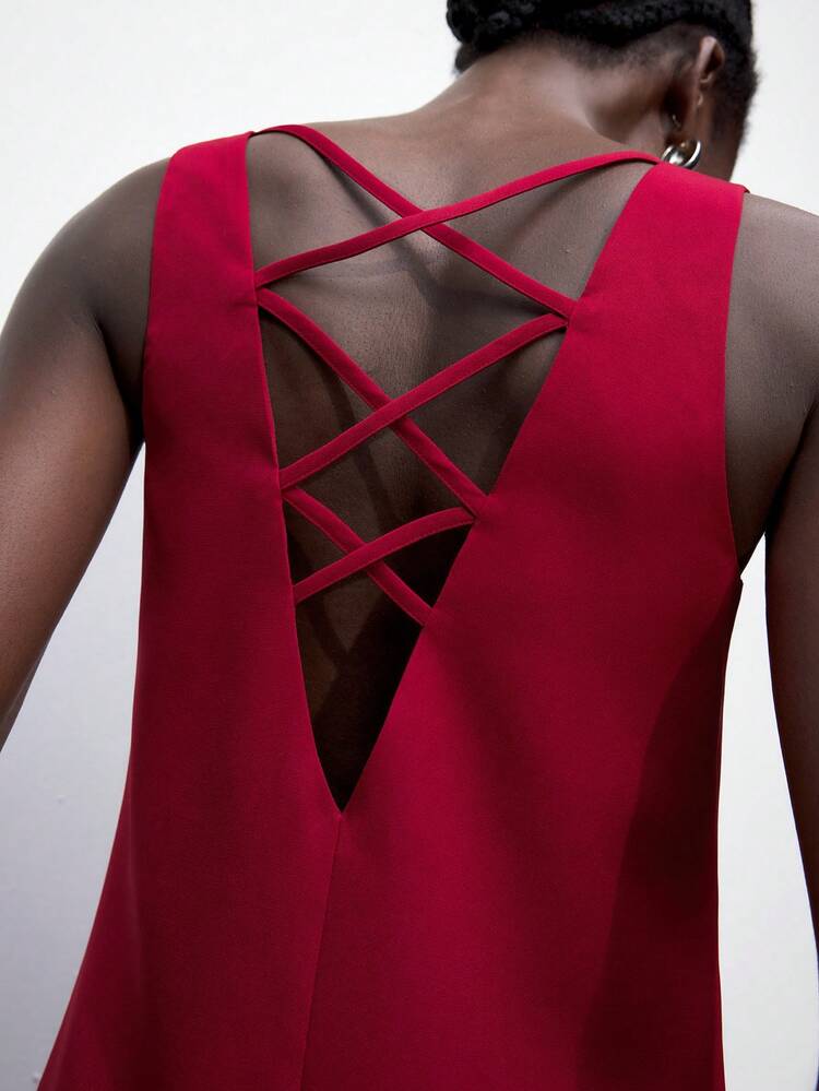 SHEIN Maija Women's Fashionable Deep V-Neck Sleeveless Red Birthday Dress, Summer