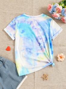 SHEIN Tween Girl Tie-Dye Trà Sữa Họa Tiết Áo Phông Mùa Hè Dễ Thương - Màu xanh lam - Xem 2