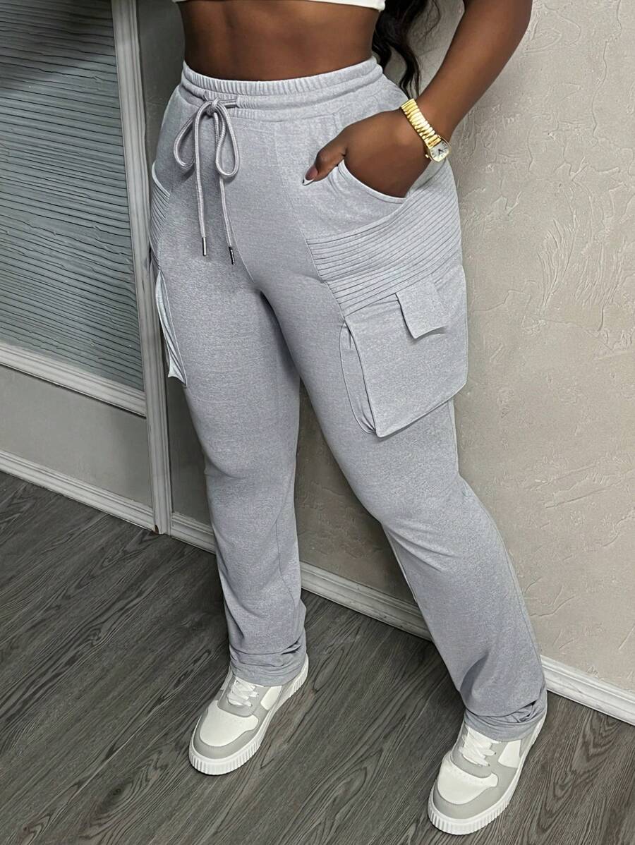 Slaydiva Mùa hè Thường Ngày Đơn Giản Bỏ Túi Trang Trí Tăm Xếp Ly Thẳng Quần Ôm Hoa Nhẹ Màu Xám Quần nữ-K - Xám - Xem 1