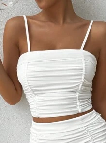 Allurite Summer Solid Color Pleated Casual Camisole Top - White - View 5