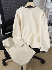 SHEIN 少年組連帽長袖運動衫和實用短褲秋季套裝，2件套，尺寸42.73 - 卡其色 - 查看 2