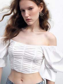 Maija Camisa blanca de abotonar con mangas abullonadas, hombros descubiertos, puños anchos y fruncido voluminoso - Blanco - Ver 6