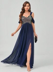 Vestido elegante formal de UNITHORSE con parches de lentejuelas y gasa dividida, vestido de dama de honor, atuendo de mujeres para cumpleaños, vestido de graduación - Azul Marino - Ver 1