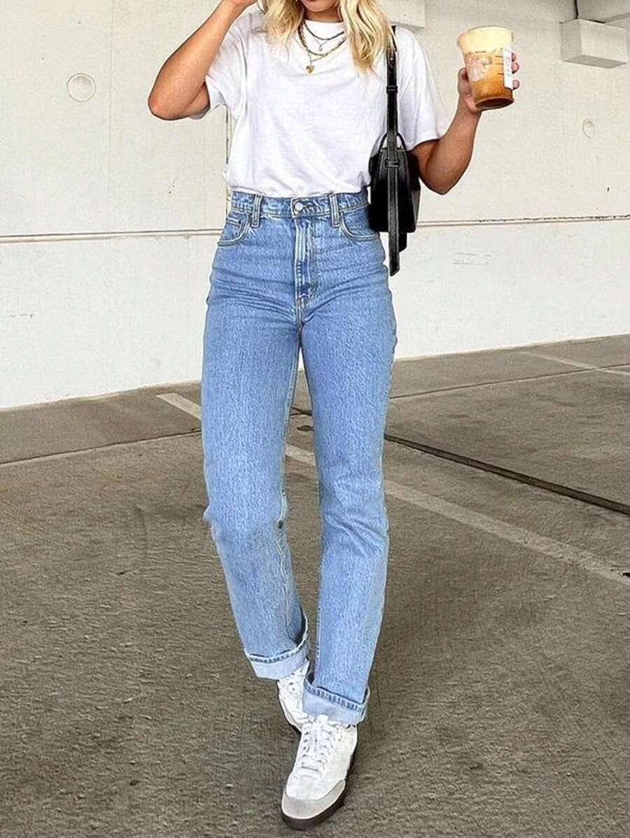 Women's Daily Casual Washed Straight Leg Loose Jeans With Diagonal Pockets, Buttons, Zipper Details, Suitable For Commuting, Dating, And Office Wear - Rửa trung bình - Xem 1