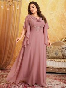Große Größen Chiffon Kleid mit V-Ausschnitt, A-Linie, Schmetterling-bestickter Taille und weiten Ärmeln, elegantes und anmutiges Abendkleid für Prom, Halb-Formal, Hochzeitsgäste, für Geburtstag, Abschluss, Homecoming - Altrosa - Übersicht 4