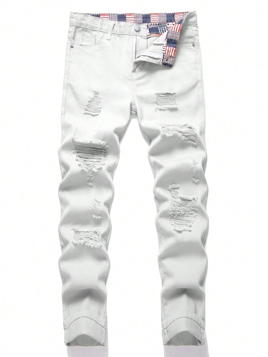 Men's Solid Color Casual Loose Fit Jeans - White - View 1