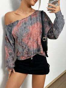 SHEIN Unity Sudadera con cuello asimétrico y hombros caídos con efecto tie-dye, sudadera de otoño - Multicolor - Ver 3