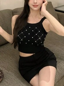 Women Plaid Cropped Casual Versatile Camisole Knit Top