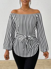 Zolique Women's Casual Striped Off-Shoulder Lantern Sleeve Blouse, Summer - Black and White - View 5