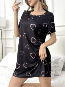 SHEIN Heart Print Round Neck Pajama Nightdress For Summer - Multicolor - View 4