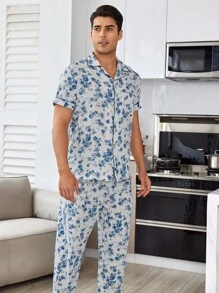 Bộ đồ ngủ dài tay cổ bẻ dài tay in mực cho nam - Màu xanh lam - Xem 4