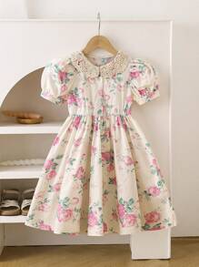 Young Girls Floral Print Contrast Lace Puff Sleeve Dress For Summer - Apricot - View 1
